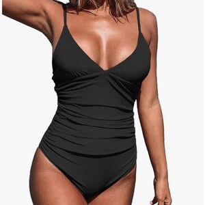 One Piece  V Neck Swimsuit With Tummy Control